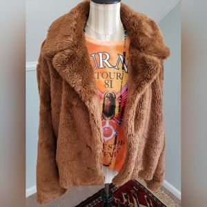 Womens Size Large Free People Faux Fur Brown Mena Crop Coat Jacket Coat Boho